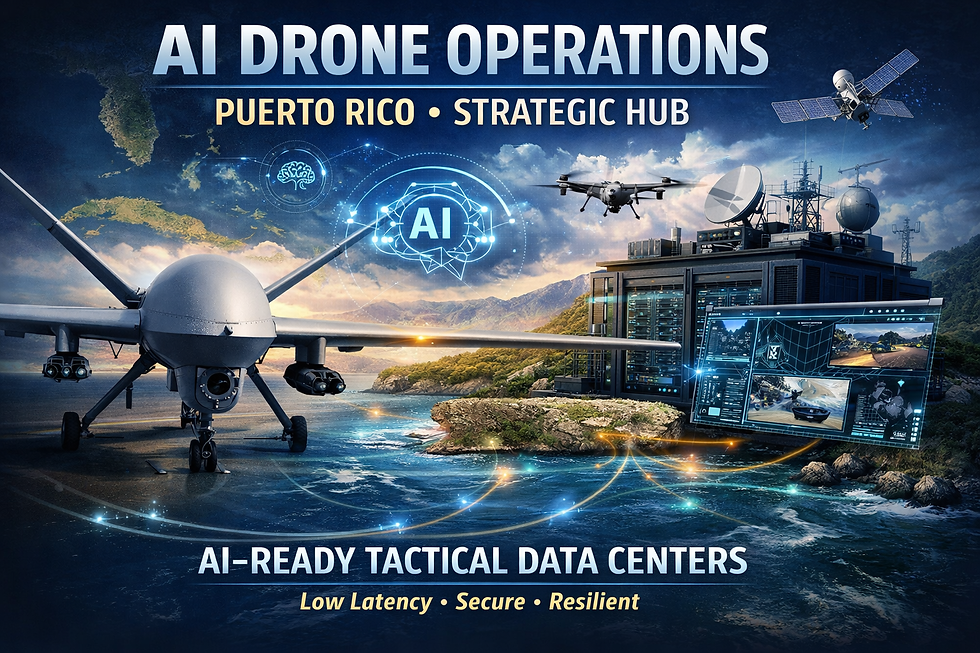 Hero image showing Puerto Rico as a strategic hub for AI drone operations, featuring a surveillance drone, coastal island map, satellite link, and an AI-ready tactical data center enabling low-latency, secure, resilient missions.