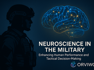 Digital artwork showing a glowing human brain connected to a tactical soldier silhouette through neural energy lines, symbolizing the fusion of neuroscience, technology, and human intelligence in modern military innovation. ORVIWO Blog — Neuroscience in the Military.