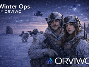 Winter Ops by ORVIWO featured image showing Jan Ortega and Anastasiia in cold-weather tactical gear in a snowy mission environment with helicopter, submarine, satellite connectivity, and special-operations team in the background.