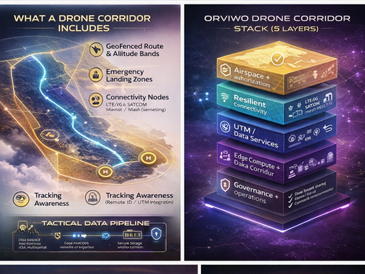 ORVIWO Drone Corridors hero image showing a Puerto Rico map with a highlighted drone corridor route and the workflow “Sense → Connect → Compute → Command.”