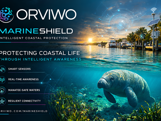 ORVIWO MarineShield promotional banner showing intelligent coastal protection in Puerto Rico with smart marine sensors, real-time shoreline awareness, resilient connectivity, and a manatee in protected coastal waters