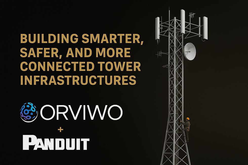3D illustration of a communication tower with antennas and a field technician, highlighting the collaboration between ORVIWO and Panduit to build smarter, safer, and more connected tower infrastructures across Puerto Rico and the Caribbean.
