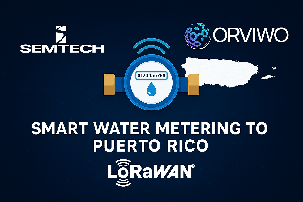 ORVIWO and Semtech Smart Water Metering graphic showing a digital water meter, LoRaWAN IoT connectivity, and a map of Puerto Rico for smart water infrastructure modernization.