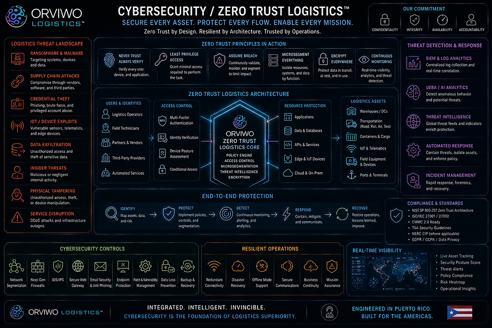 ORVIWO Logistics™ Cybersecurity and Zero Trust Logistics infographic showing identity verification, least-privilege access, microsegmentation, encryption, continuous monitoring, threat detection, incident response and resilient cybersecurity protection across warehouses, transportation, IoT, cargo and field logistics systems.