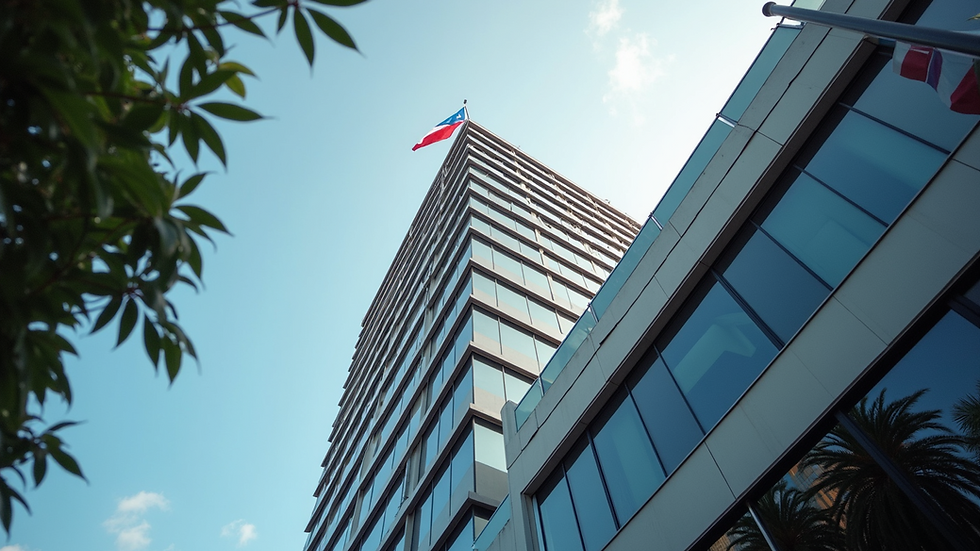 Eye-level view of a modern office building with Puerto Rico flag