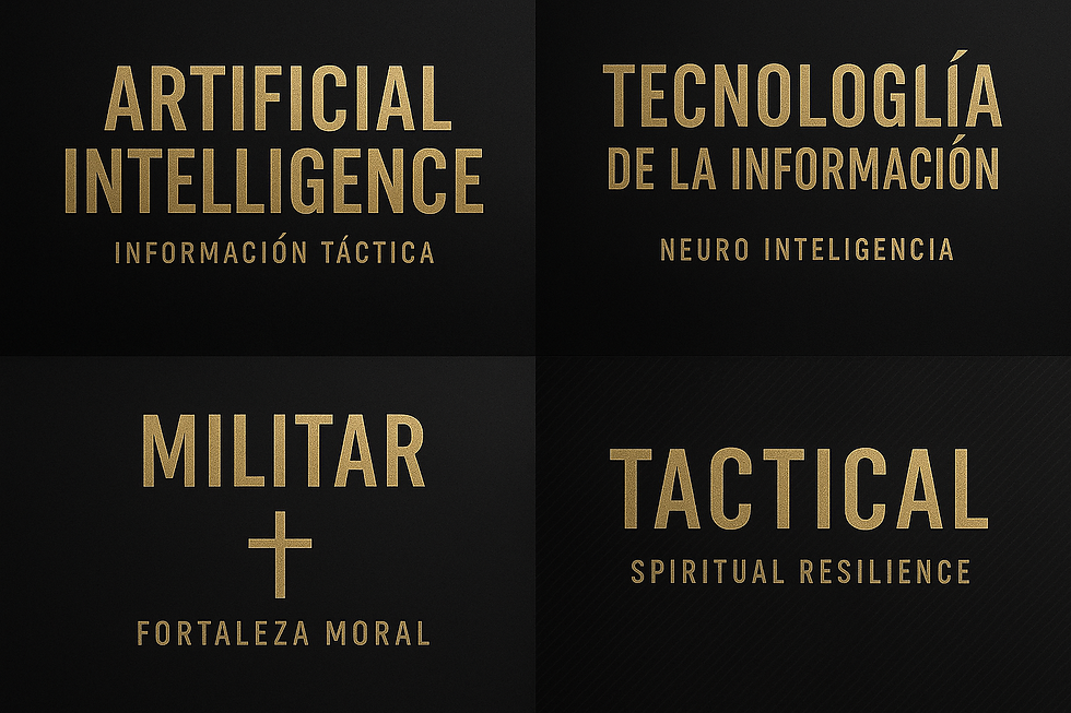 Gráfica ORVIWO en estilo negro y dorado que representa los pilares del movimiento: Inteligencia Artificial, Tecnología de la Información, Operaciones Militares, Táctica y Resiliencia Espiritual. Diseño minimalista con enfoque táctico y corporativo.