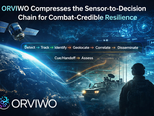 Featured image for ORVIWO blog showing Earth from orbit, a satellite, a tactical vehicle, and an operator inside a futuristic command environment, illustrating how ORVIWO compresses the sensor-to-decision chain for combat-credible resilience through resilient edge-to-core infrastructure.