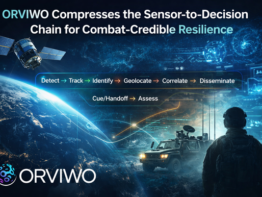 Featured image for ORVIWO blog showing Earth from orbit, a satellite, a tactical vehicle, and an operator inside a futuristic command environment, illustrating how ORVIWO compresses the sensor-to-decision chain for combat-credible resilience through resilient edge-to-core infrastructure.