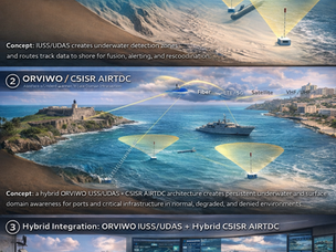 ORVIWO IUSS/UDAS and C5ISR AIRTDC integration concept in San Juan, Puerto Rico, showing underwater detection zones, multi-bearer communications, and hybrid port-vessel-mobile operations.
