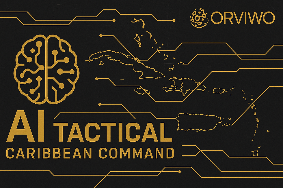 “ORVIWO AI Tactical Caribbean Command graphic showing a gold neural network brain and a Caribbean regional map connected by circuit pathways, symbolizing AI-driven defense, connectivity, and smart-network operations.”