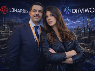 Jan Gabriel Ortega Suárez and Anastasiia stand in a tactical communications environment with radios, antennas, digital network overlays, and L3Harris and ORVIWO branding, representing resilient mission-ready connectivity at the tactical edge.