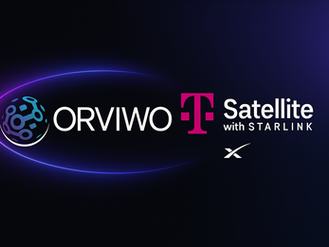ORVIWO + T-Mobile Satellite with Starlink: Banner de conectividad avanzada y resiliente para Puerto Rico, con diseño en gradiente azul-púrpura y logos tácticos.