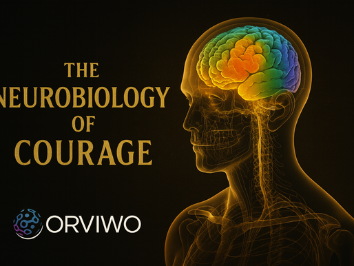 Cinematic illustration of the human brain and nervous system highlighting the neuroscience and emotional mechanisms behind courage — ORVIWO Conscious Innovation Series.