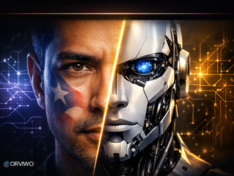 Rostro dividido humano y robot con bandera de Puerto Rico, simbolizando la línea borrosa entre personas y máquinas — ORVIWO NTI