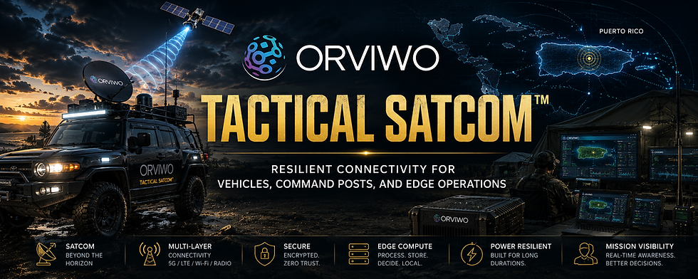 Wide ORVIWO Tactical SATCOM banner showing a SATCOM-equipped tactical vehicle, mobile command post, satellite link, Puerto Rico map overlay, and resilient connectivity mission systems.