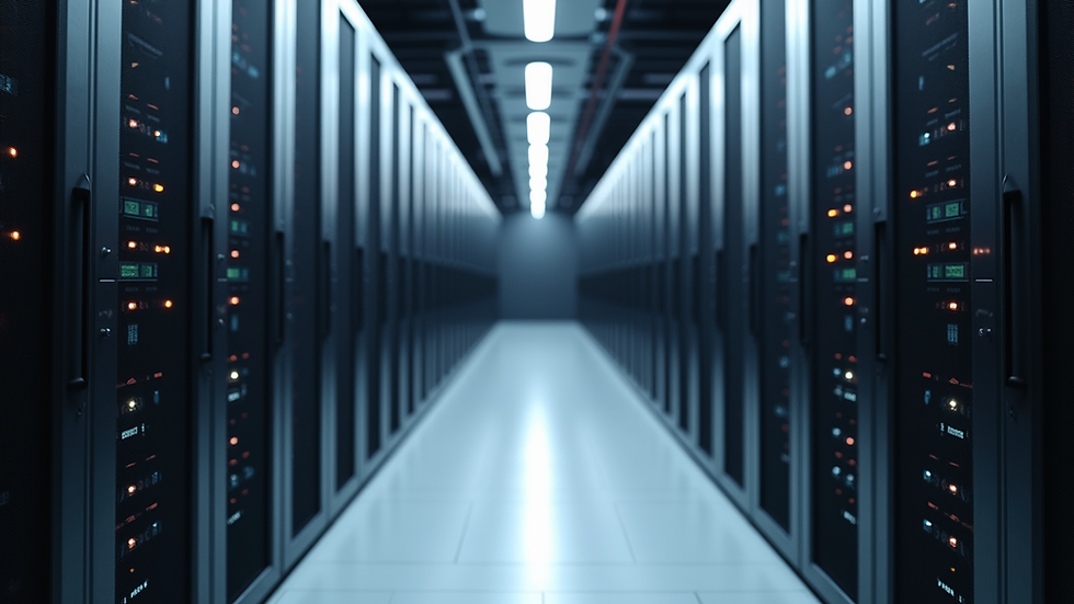 High angle view of a large data center with rows of servers