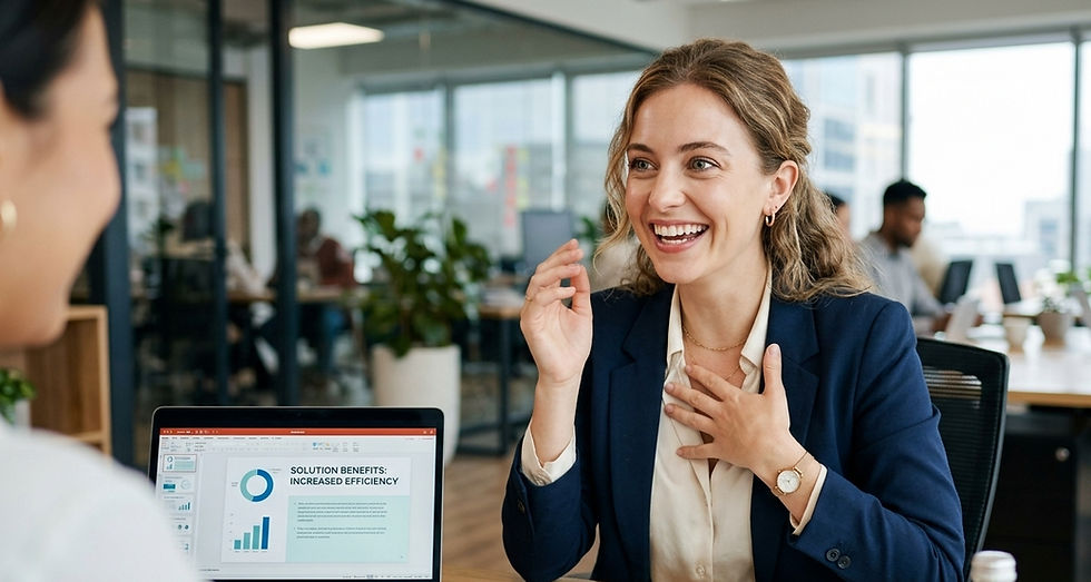 オフィスでスーツ姿の女性が笑顔で会話し、手元のノートPCには「SOLUTION BENEFITS: INCREASED EFFICIENCY」の資料が表示されている。