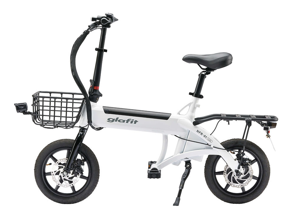 白背景に、黒白の折りたたみ電動自転車。前カゴ付きで、フレームに glafit、NFR-01 lite の文字が見える。