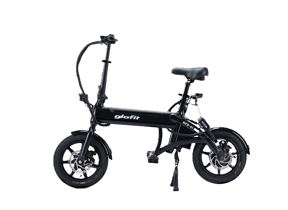 黒背景に、折りたたみ式の黒い電動自転車。フレームにglafit、NFR-01の文字が見える。
