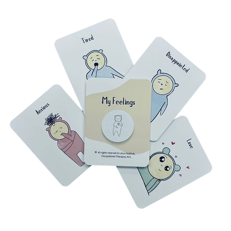 Illustration of "My Feelings" cards from the SENCIAH Kit, showing different emotions such as anxious, tired, disappointed, and love