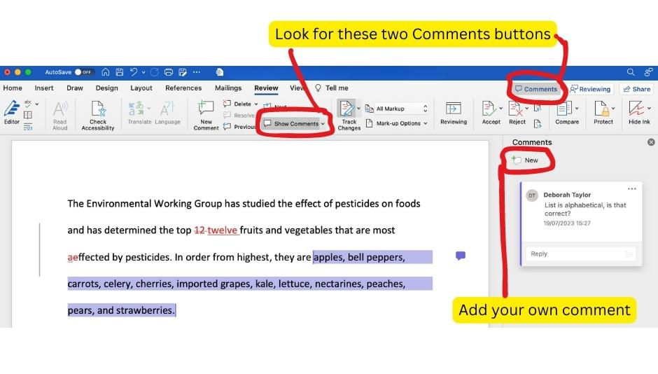 A screenshot of a Word document with text overlayed saying 'Look for these two Comments buttons' and 'add your own comment'