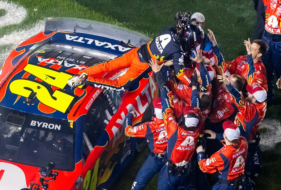 William Byron celebrates with his crew after winning his second straight Daytona 500. Photo: Mark Rebilas/Rebilas Photo.