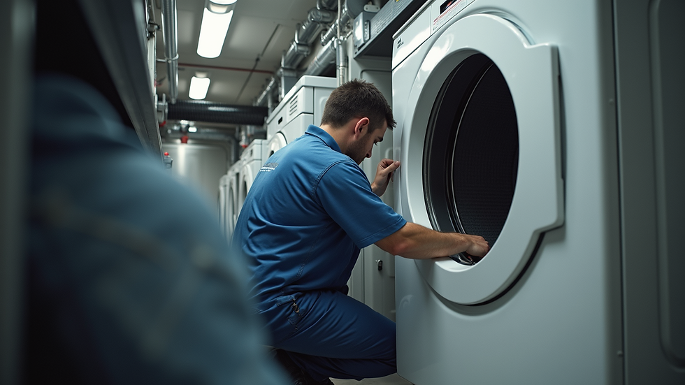 Eye-level view of technician inspecting dryer vent system