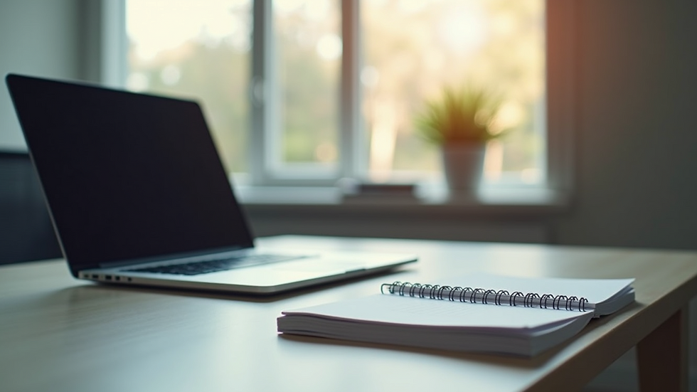 Eye-level view of a modern office desk with a laptop and notebook