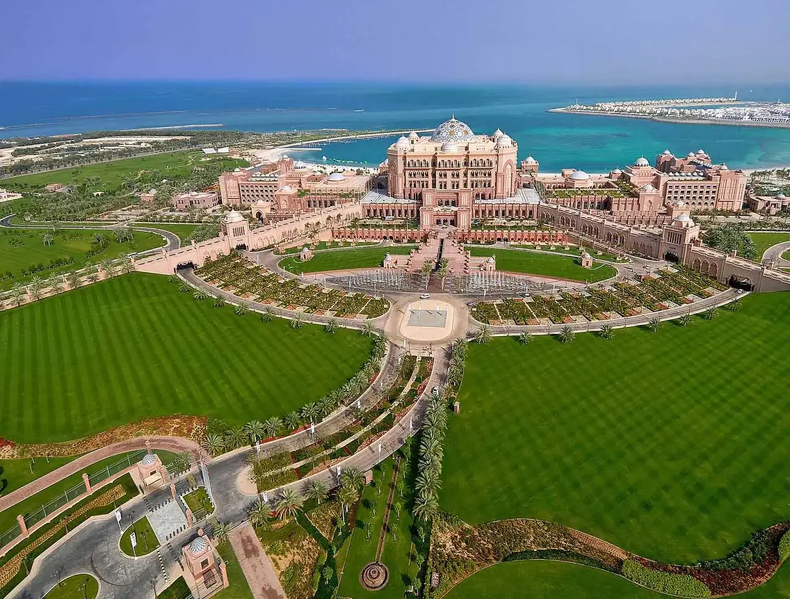 Aerial panoramic photograph by Reinhard Westphal showing the iconic Emirates Palace Mandarin Oriental, Abu Dhabi