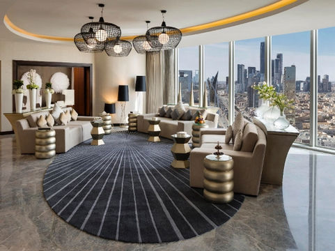 Luxury hotel lounge with panoramic city views at JW Marriott Hotel Riyadh.