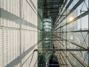 Abstract view of building facade, glass and metal, Architecture, sunlight and shadows