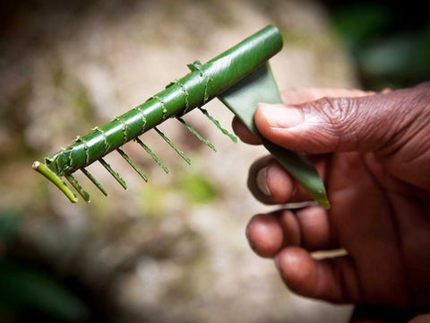 Hand holding a small rake made from leaves