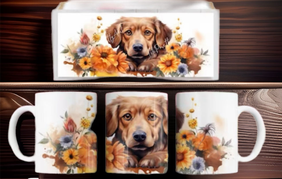 Thumbnail: White tea / coffee mug printed with dog and flowers