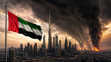 Skyline de Dubái con columnas de humo en el horizonte durante una crisis regional, representando la resiliencia económica y el entorno empresarial en Emiratos Árabes Unidos