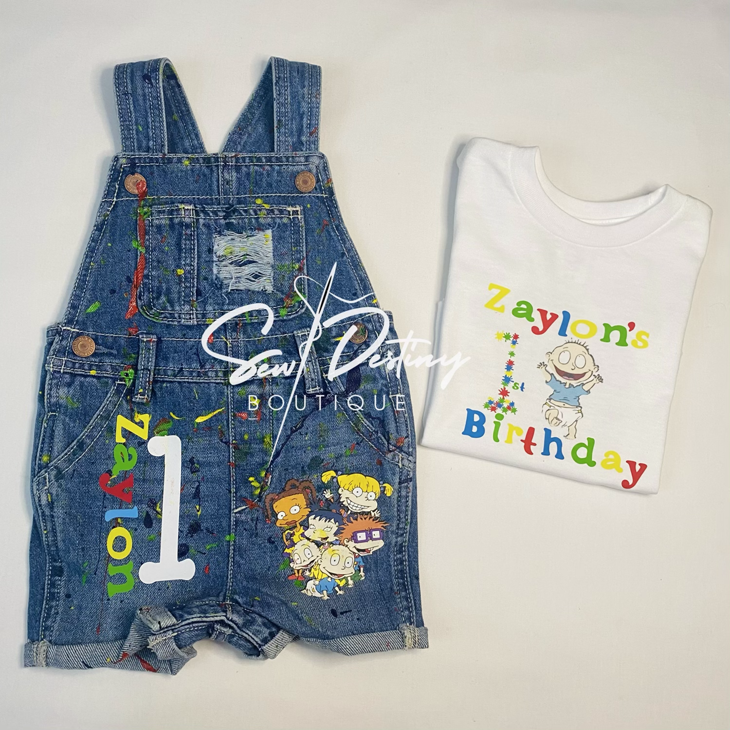 Distressed Overall Jean Jumpsuit with Graphic Tee set