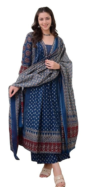 KLOSIA Women Printed Anarkali Kurta and Pant Set with Dupatta