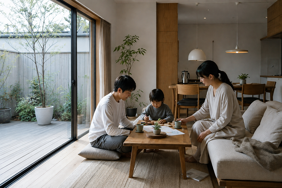 陽当たりのよいリビングで家族が談笑している