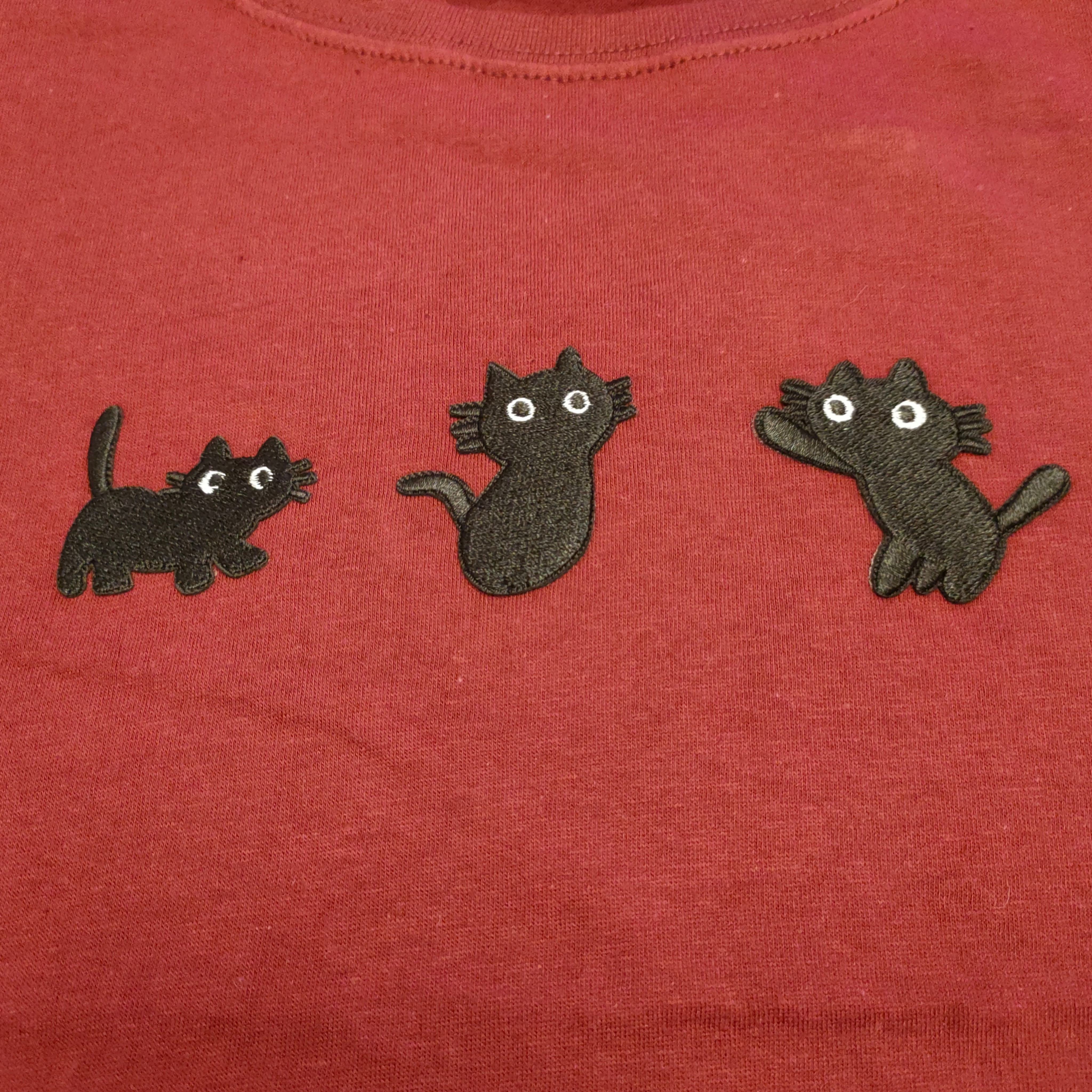 Embroidered Black Cat Design Burgundy Small T-shirt