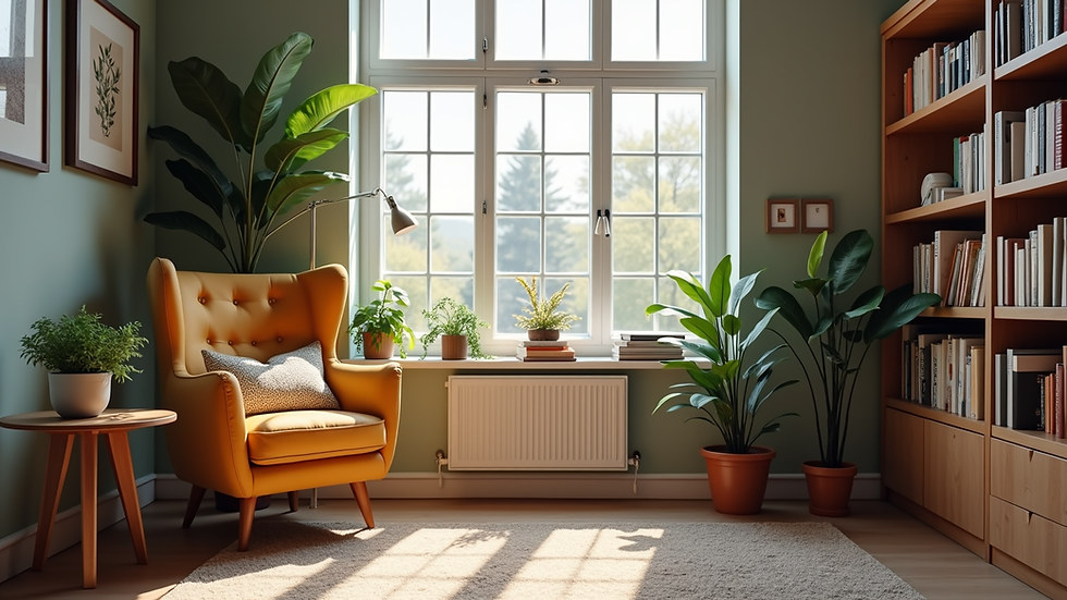 Eye-level view of a cozy counseling office with diverse books and plants