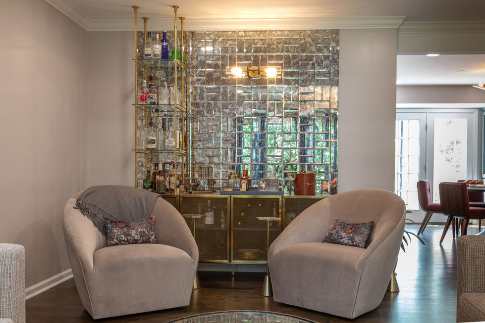 Custom bar seating area mirrored tile and drink storage inspiration