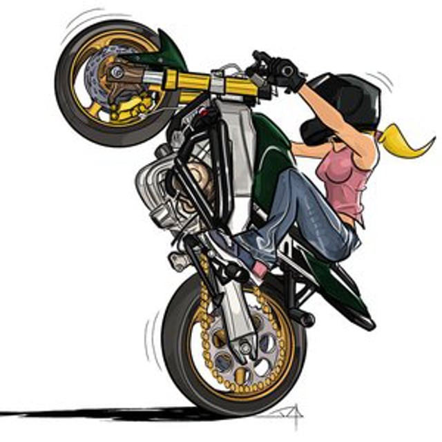 Illustration of Leah Peterson performing a stunt on a motorcycle
