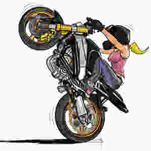 Illustration of Leah Peterson performing a stunt on a motorcycle