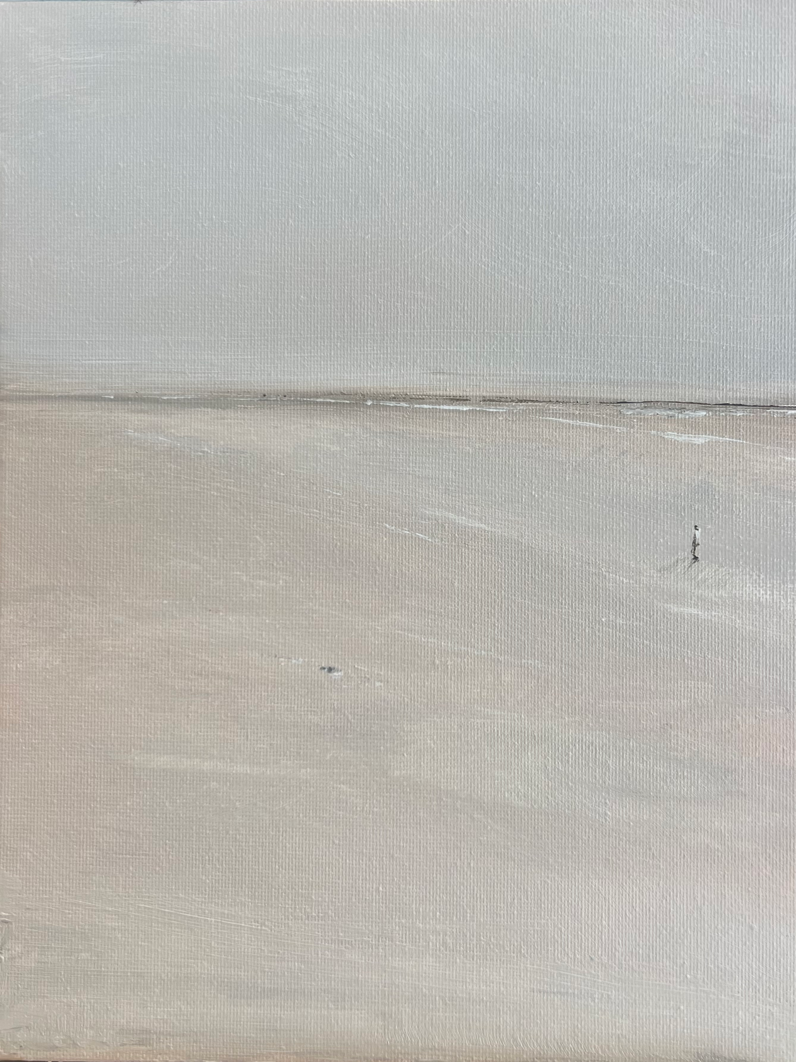 Minimal seascape in soft pinks and stone neutrals with a solitary figure.
