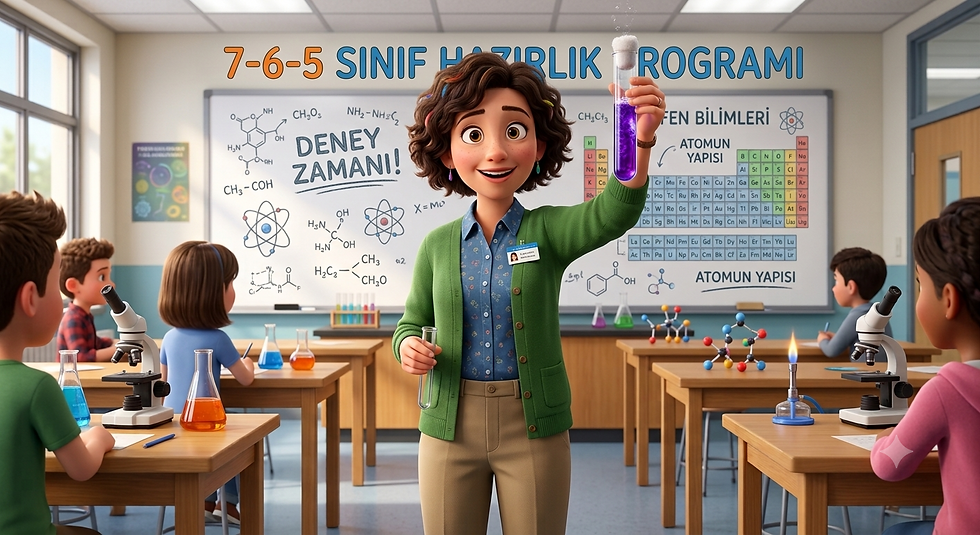 5-6-7. sınıf hazırlık programını anlatan, sınıfta deney yapan öğretmen ve öğrencilerin olduğu, renkli ve neşeli bir çizim.