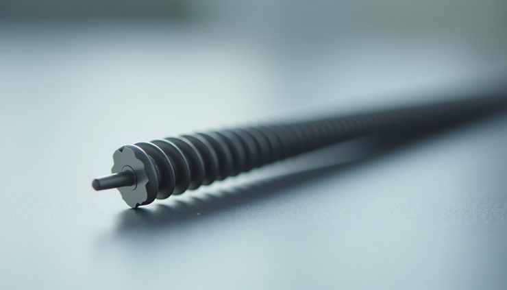 Close-up view of a 30mm Nissei injection molding screw with 24.39 inches length