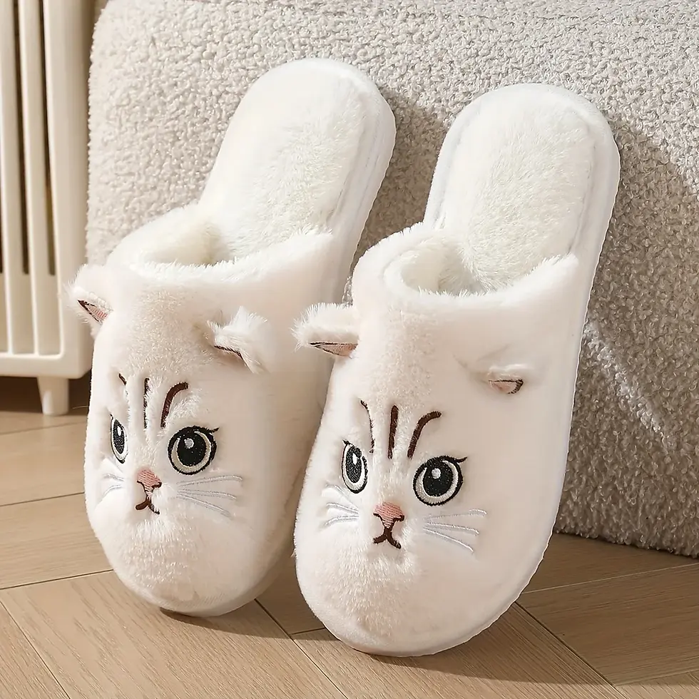 Thumbnail: Womens Plush Cat Slippers Winter Warm Cozy Indoor House Shoes Soft EVA Sole Non-