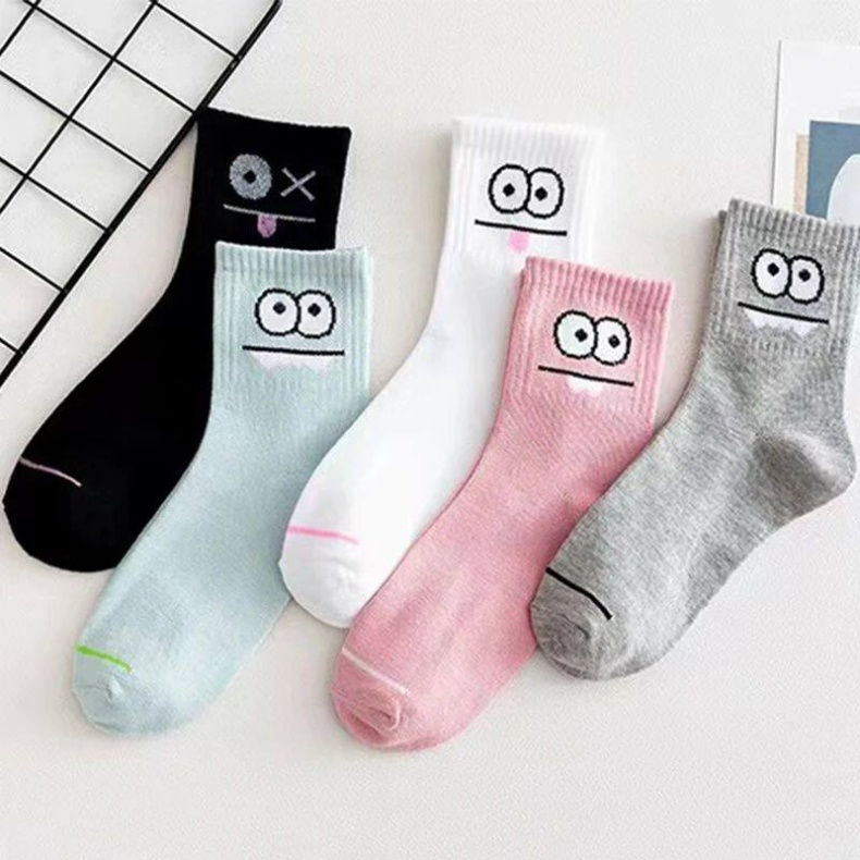 Thumbnail: 5 Pairs Cute Expression Print Socks Comfy Funny Mid Calf Crew Mid Tube All Match