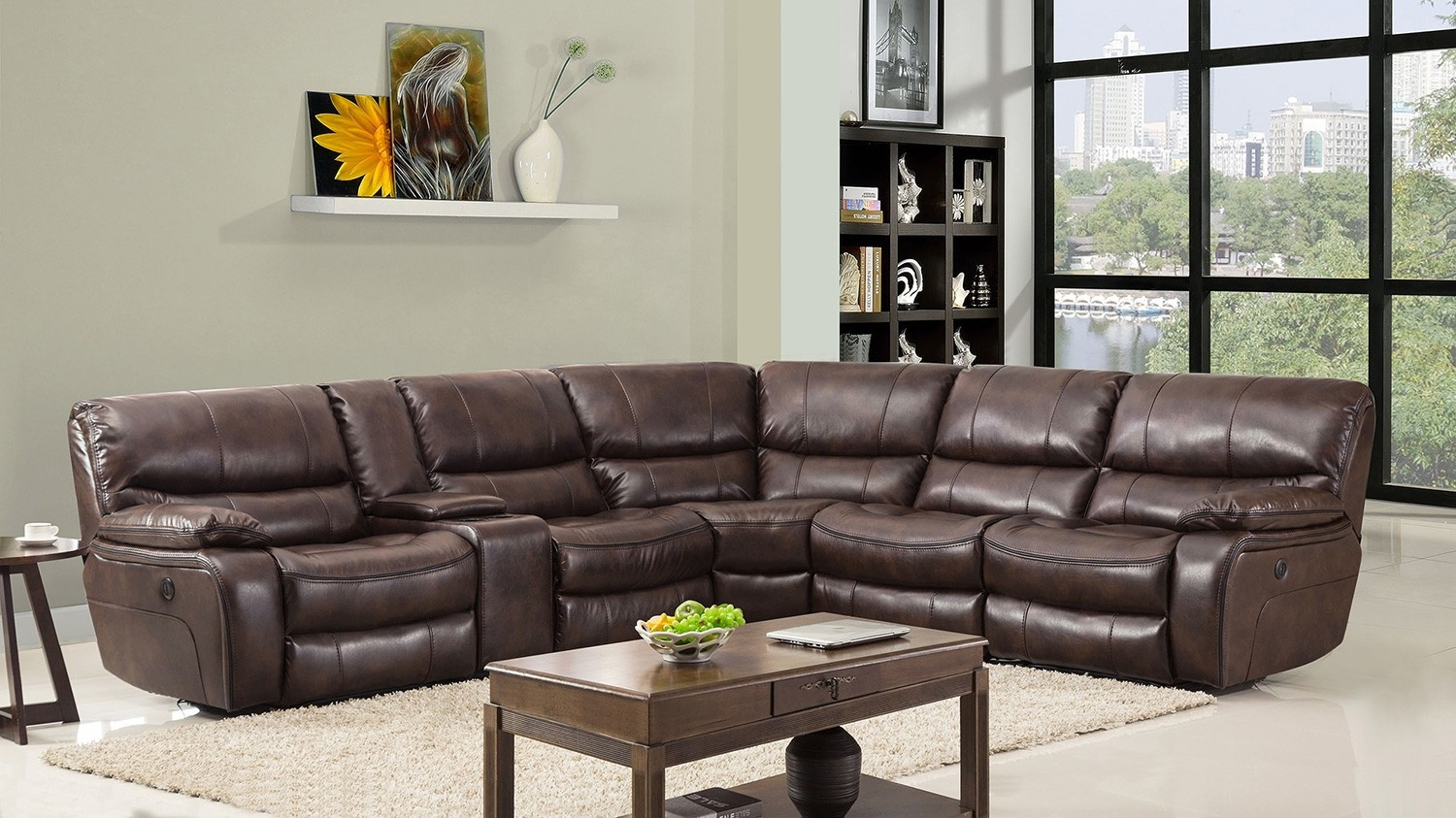 Leather Air Power Recliners Sectional in Dark Brown