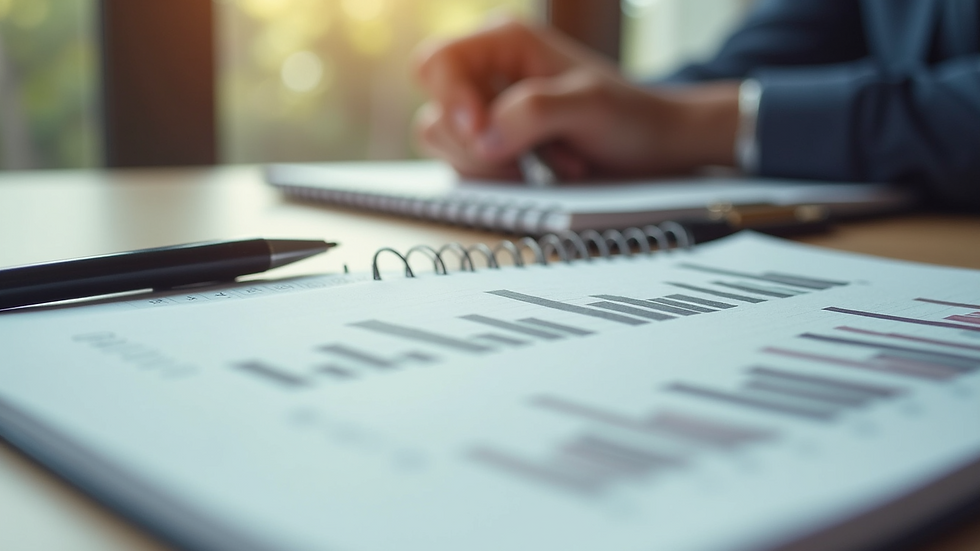 Close-up view of a notebook with business growth plans and a pen on a desk