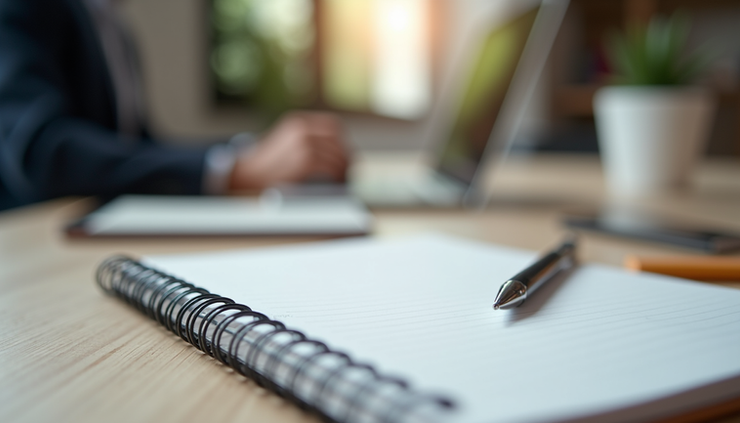 Eye-level view of a calm workspace with a notebook and pen ready for coaching session